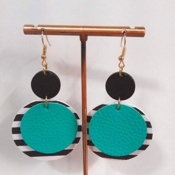 Layered Black & White Stripes with Aqua Drop Earrings - Picture 1 of 4